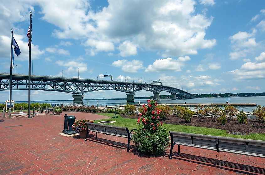 Riverwalk Landing Park with Coleman Bridge and the York River in background. Yorktown, Virginia.