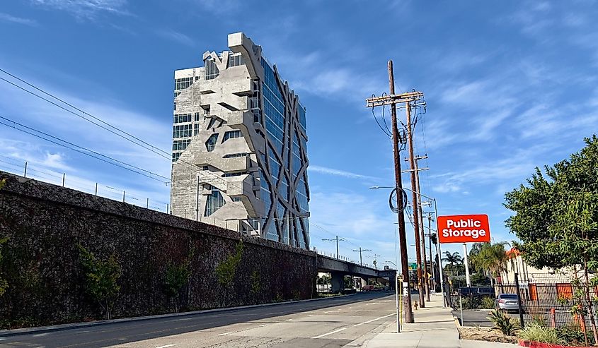 wide-angle, horizontal view, Jefferson Blvd in foreground. Wrapper, a 16-story office tower, designed by Eric Owen Moss, in West Adams, on the outskirts of Culver City
