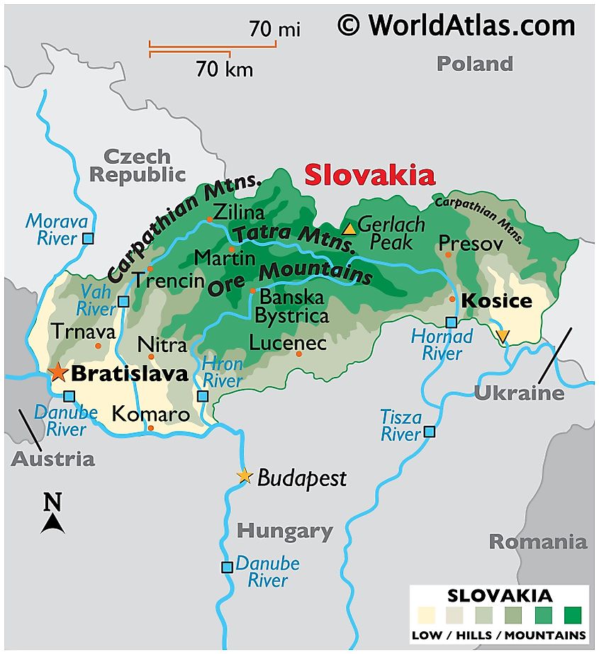 Physical map of Slovakia showing terrain, major rivers, and cities.