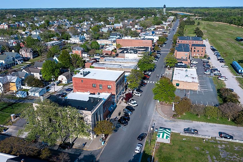 Cape Charles Virginia - April 23 2022: Aerial View of Mason Ave in Cape Charles with businesses looking east.
