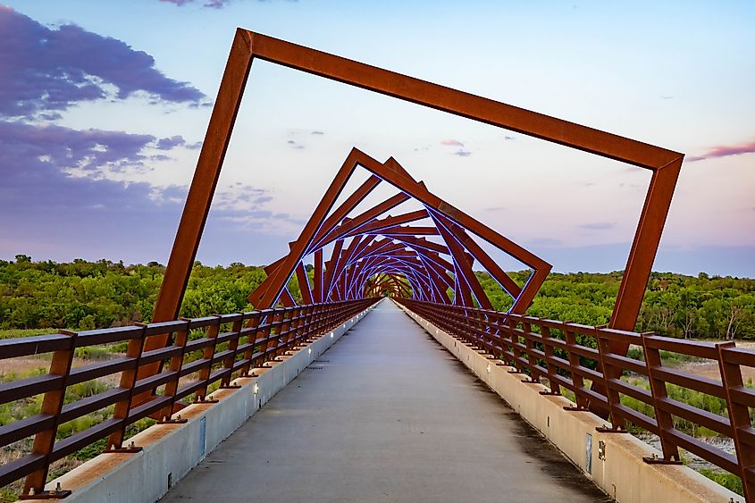 Scenic sunset view of High Trestle Trail Bridge in Iowa during evening recreation hours.