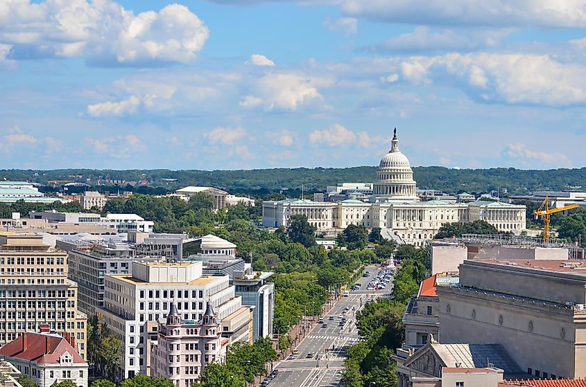 Aerial view of Pennsylvania street with federal buildings including US Archives building, Department of Justice and US Capitol