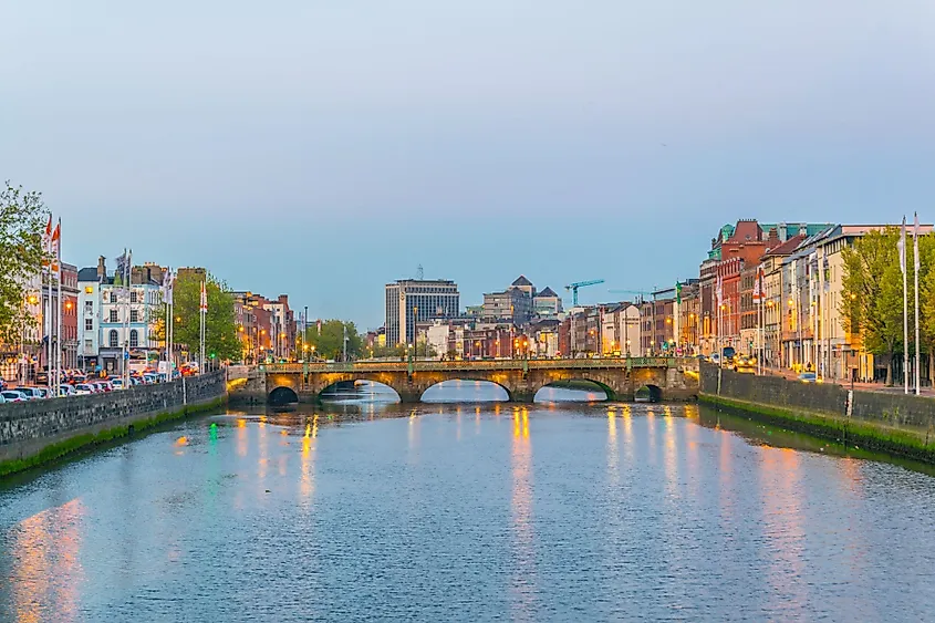 Sunset view of the riverside of Liffey in Dublin, Ireland.