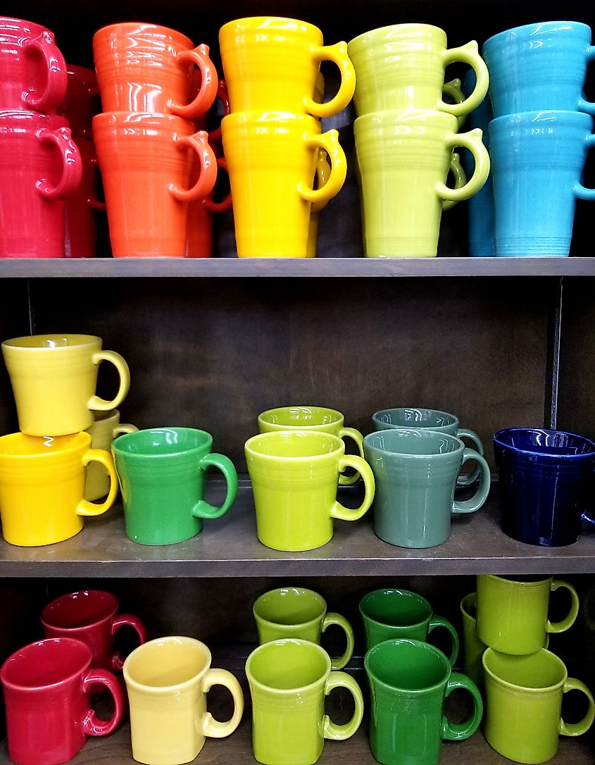 Colorful Fiesta dinnerware made at the Homer Laughlin factory in West Virginia. Editorial credit: Blunder Busster / Shutterstock.com