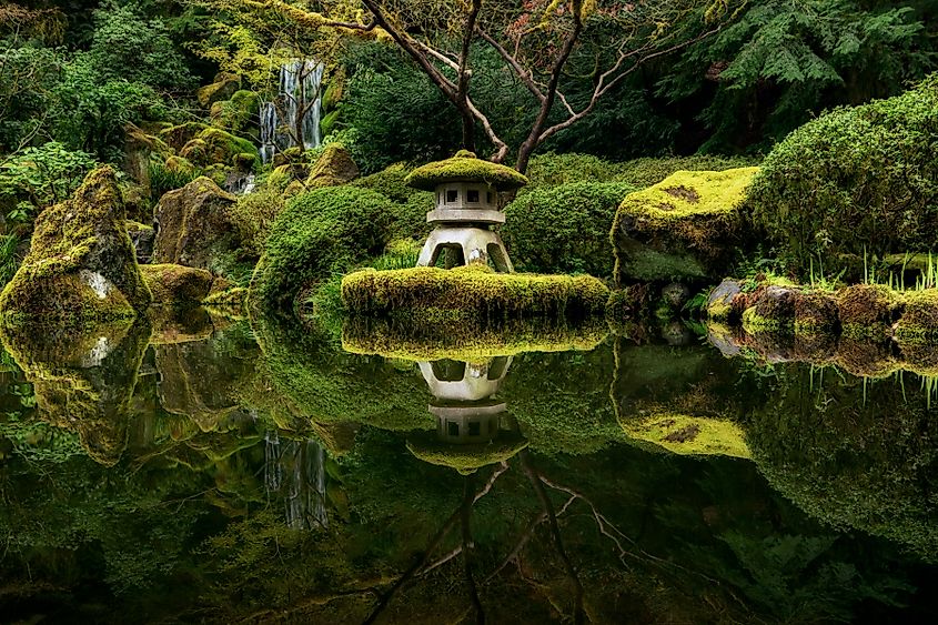 Reflections of pagoda in a pond in the Spring in the Portland Japanese Garden.