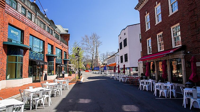View from Church Lane in beautiful spring day with restaurans table outside, viaMiro Vrlik Photography / Shutterstock.com