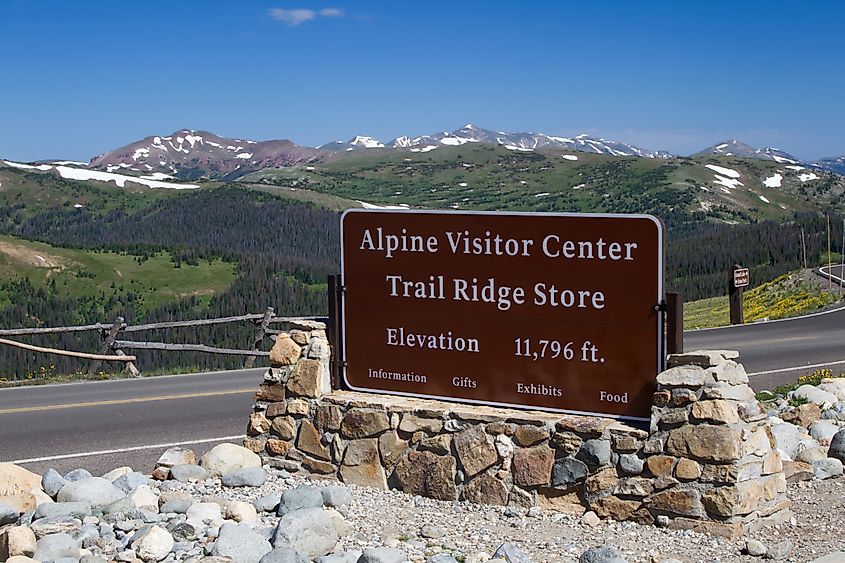 The Alpine Visitor center sits at the top of Trail Ridge Road in Rocky Mountain National Park at an elevation of 11,796 feet above sea level.