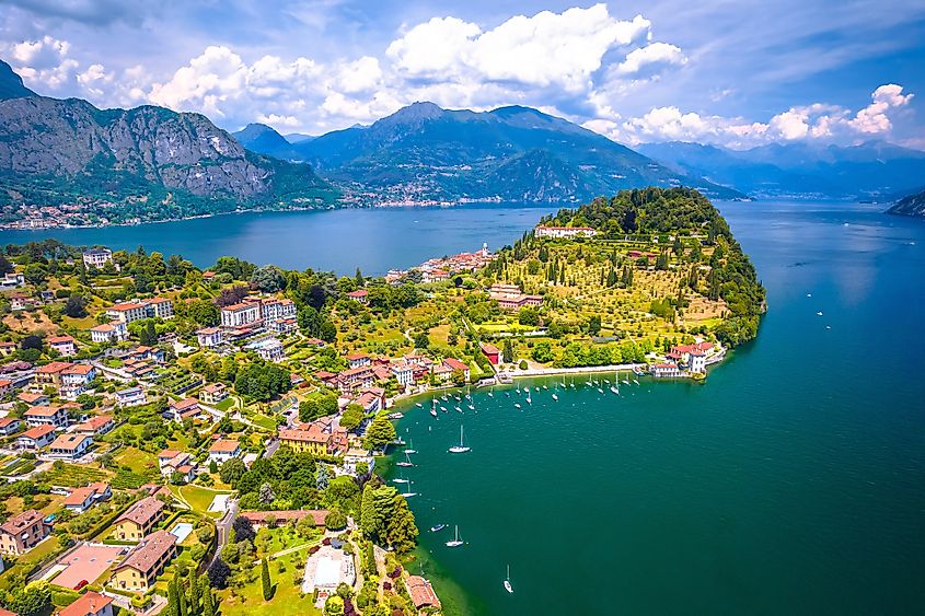 Town of Bellagio on Como Lake aerial panoramic view, Lombardy region of Italy.