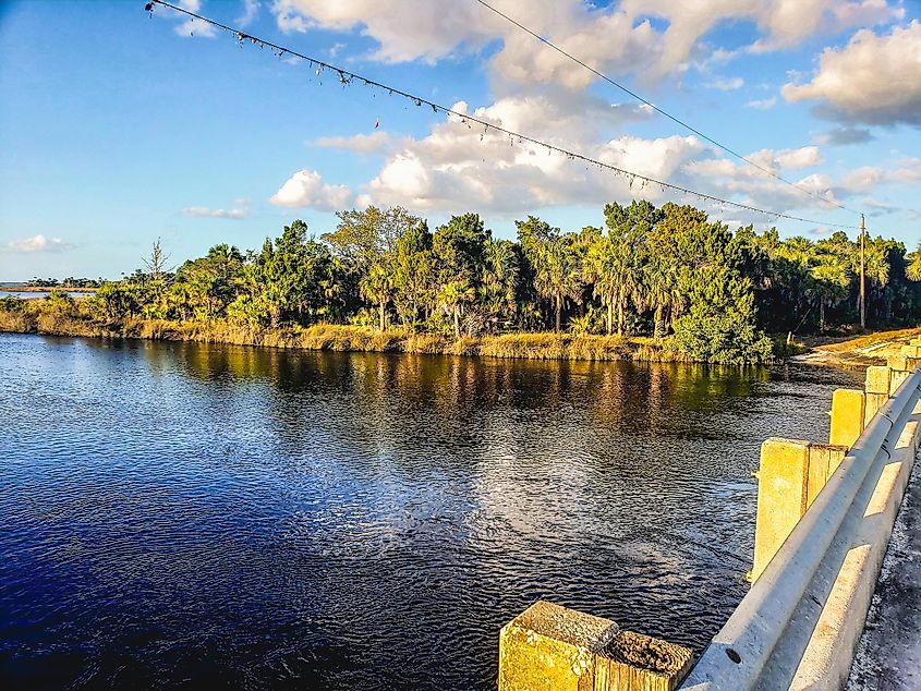 Bird Creek Bridge looking towards Pumpkin Island, which was used in the filming of Elvis Presley's Follow That Dream in the 1960s. The bridge is in Yankeetown, Florida.