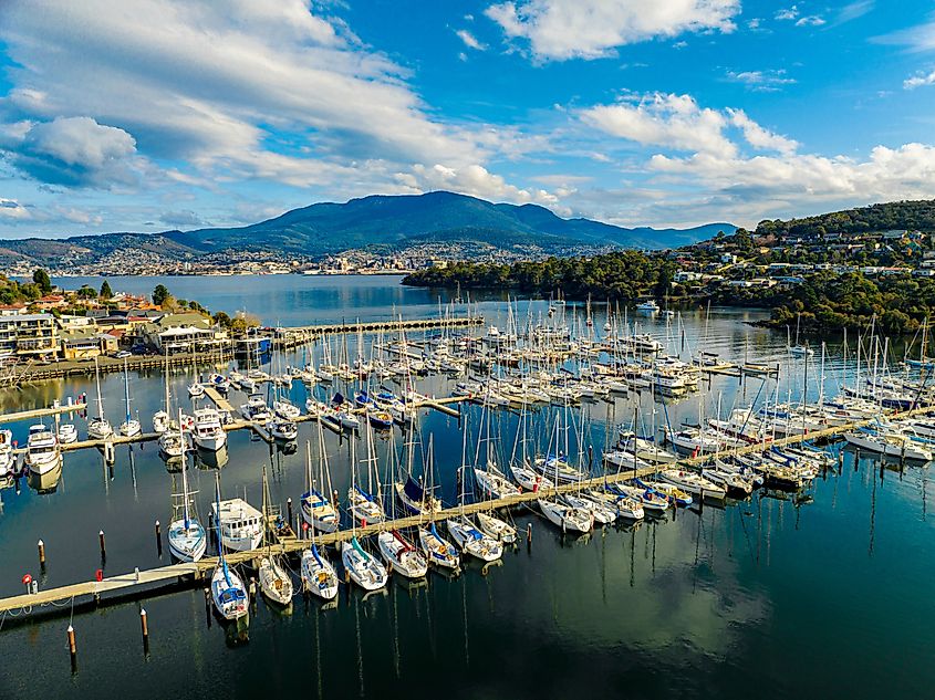 Aerial view of yachts moored at Bellerive Pier in Tasmania
