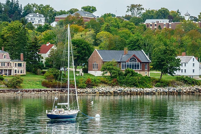 Sailboat anchored near shoreline of Castine, Maine