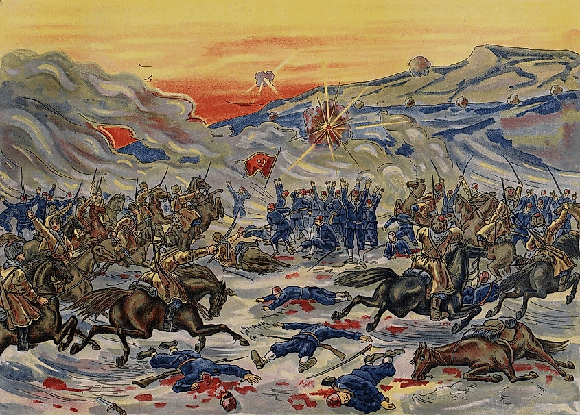 Russian propaganda poster depicting the Russian victory at the Battle of Sarikamish against the Ottomans.