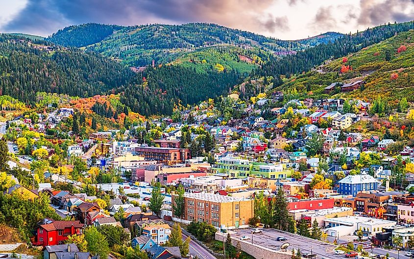 Park City, Utah, downtown in autumn at dusk.