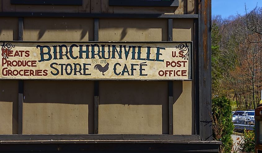 Closeup of the sign at the Birchrunville General Store