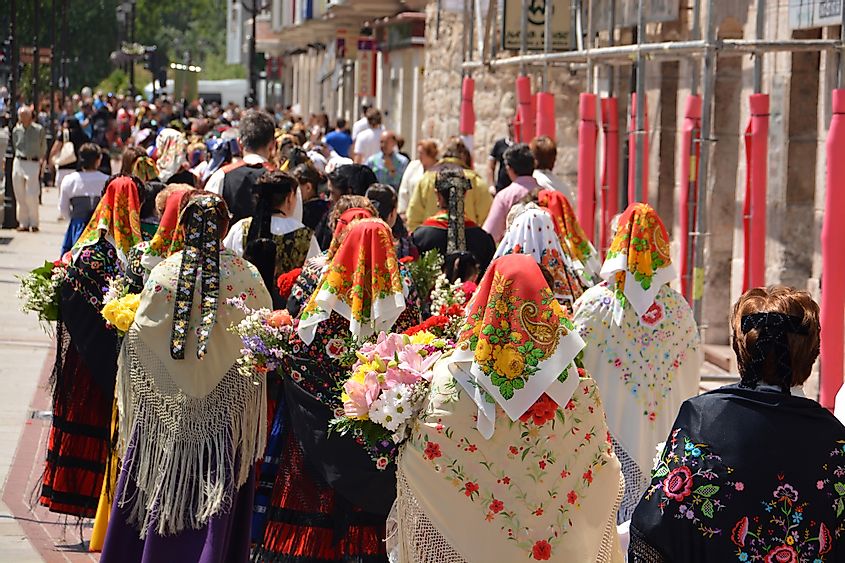 A traditional festival parade in Burgos, Spain.