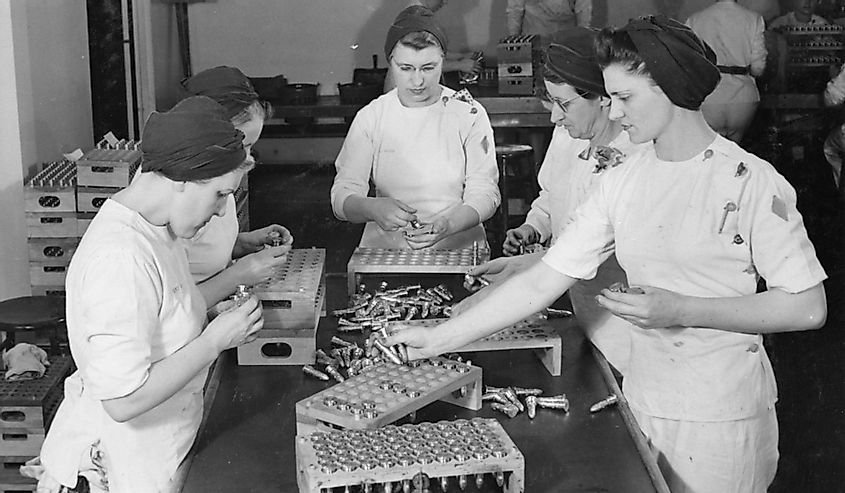 Women working at the General Engineering Company (Canada) munitions factory in Scarborough