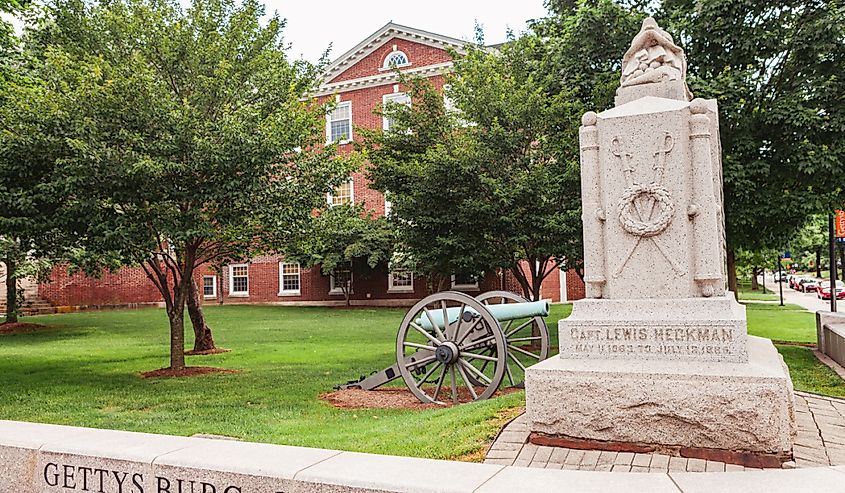 A civil war monument at the Gettysburg College, a private liberal arts college in that was founded in 1832.
