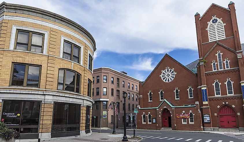 View of historic building and methodist church in Pittsfield.