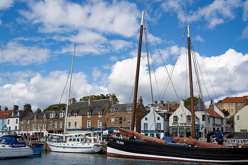 Anstruther, Scotland - May 28 2025: View over Anstruther harbour in Fife in Scotland