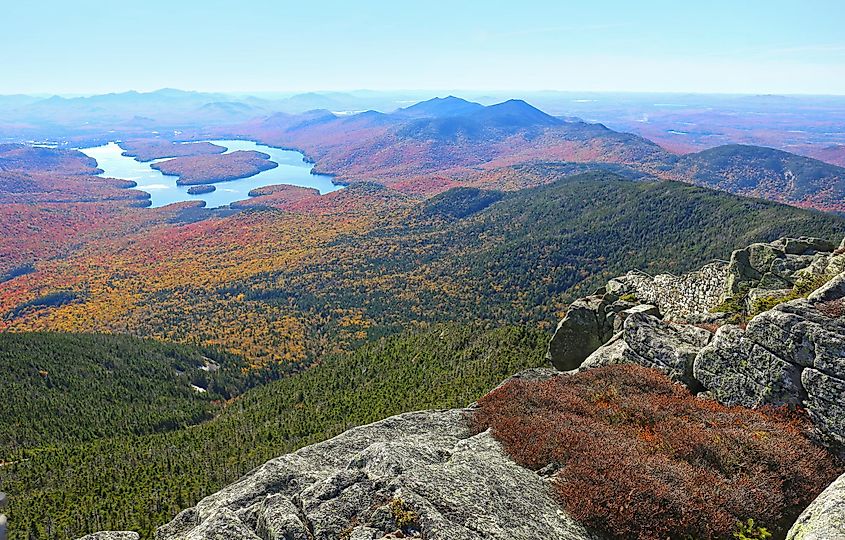 Lake Placid view from the top of Whiteface Mountain in fall.