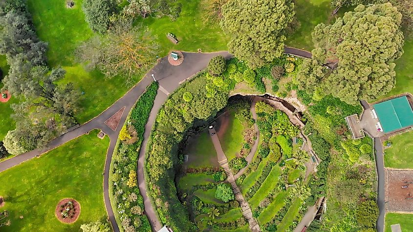 Mt Gambier, Australia. Aerial view of Umpherston Sinkhole on a beautiful morning.