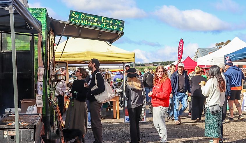 Tourists at Sunday market with queue for organic food