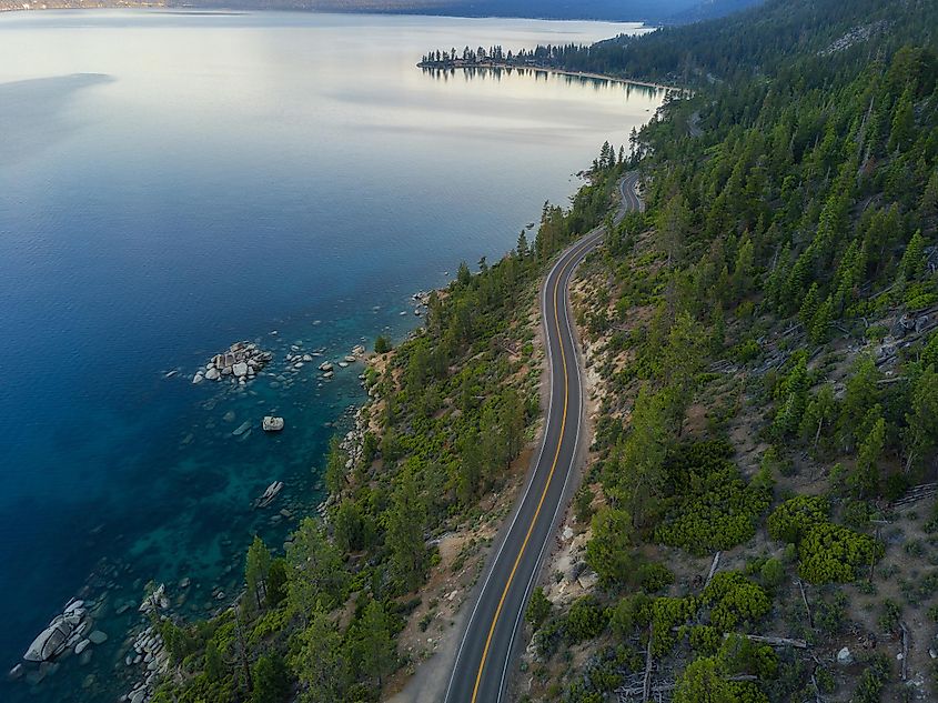 The road running by the spectacular Lake Tahoe, Nevada.