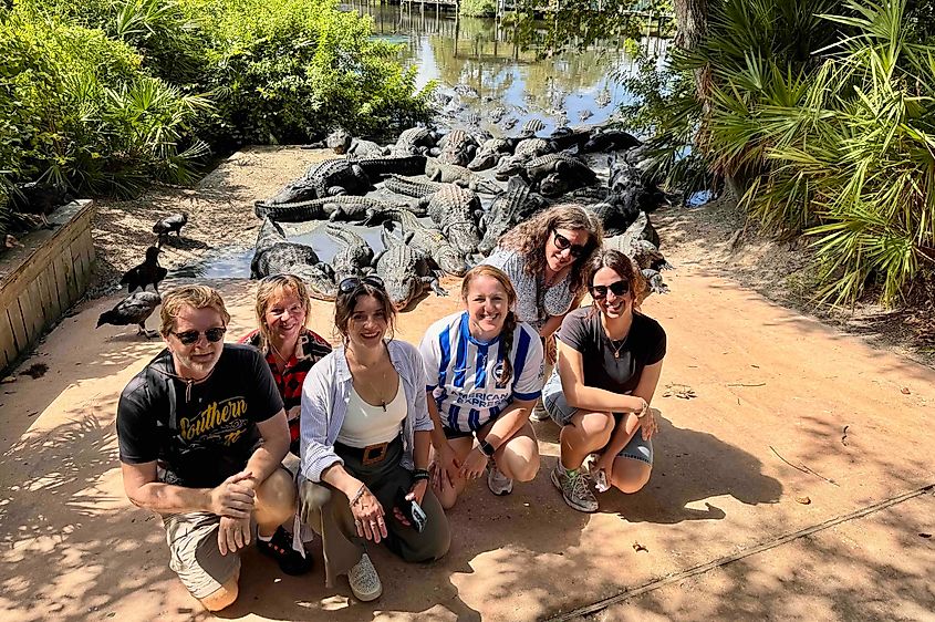 The author (left) and his travel companions and alligators in Gatorland Image credit Bryan Dearsley