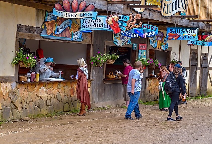 Food stalls at the Scarborough Renaissance Festival in Waxahachie, Texas.