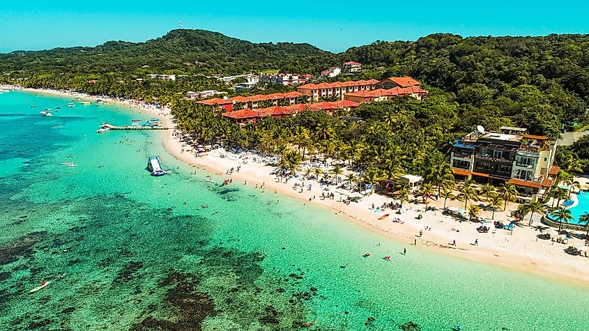 Colorful cabins located at Port Royal, eastern side of Roatan, Bay Islands of Honduras