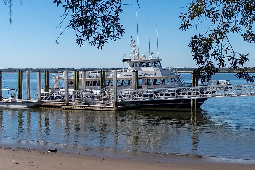 A ferry docked along the coast in St. Marys, Georgia.