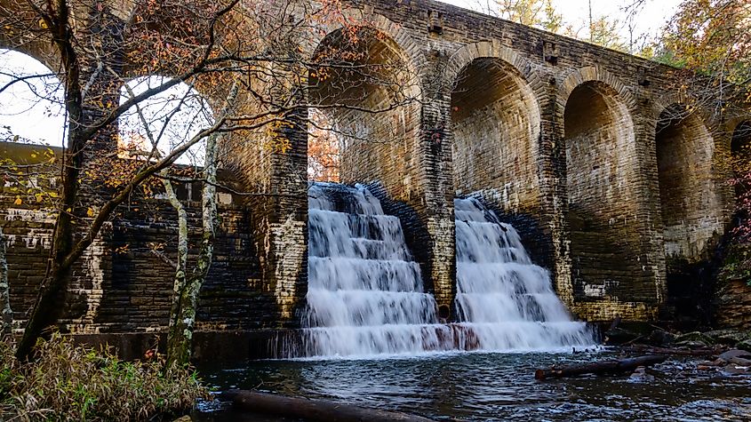 A cascade over the historic Byrd Creek Dam at Cumberland Mountain State Park near Crossville, Tennessee.