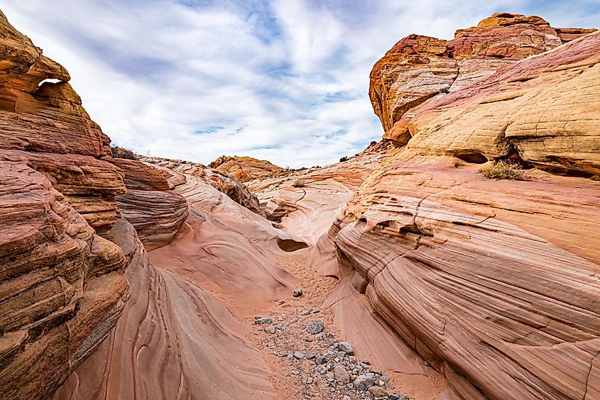 Sandy path leads through Pastel Canyon (a.k.a.) Pink Canyon, in the Kaolin Wash, Valley of Fire State Park, Nevada.