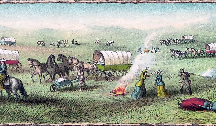 A wagon train of American colonists heading west. 