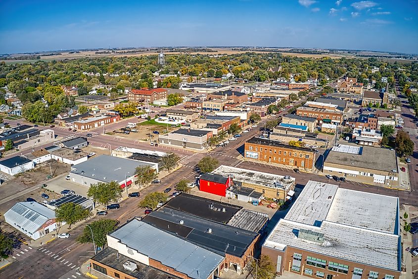 Aerial View of Downtown Madison, South Dakota.
