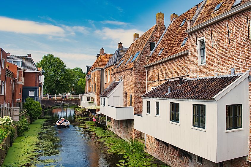 The so-called hanging kitchens of medieval buildings along a canal in the town of Appingedam, province of Groningen, the Netherlands