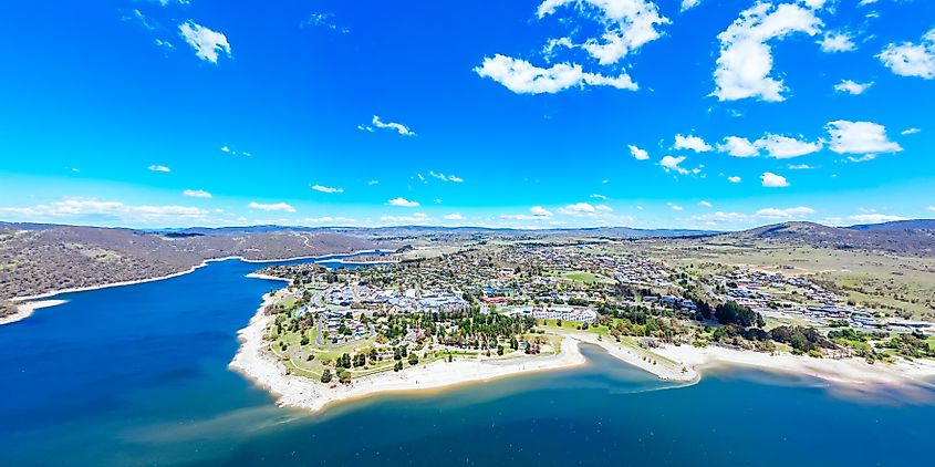 The view over the town of Jindabyne and Lake Jindabyne on a warm sunny summer's day in New South Wales, Australia.