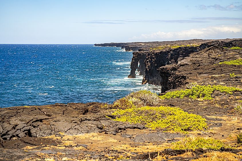 Holei Sea Arch on the coast of Volcano National Park, Hawaii.