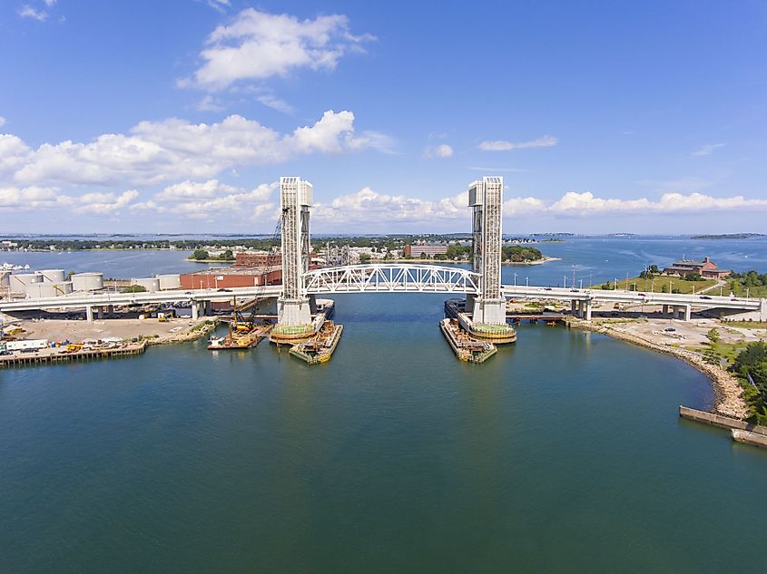 Aerial view of the Weymouth Fore River and Fore River Bridge in Quincy, Massachusetts