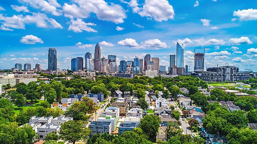 Drone Aerial of Downtown Charlotte, North Carolina, NC, USA Skyline.