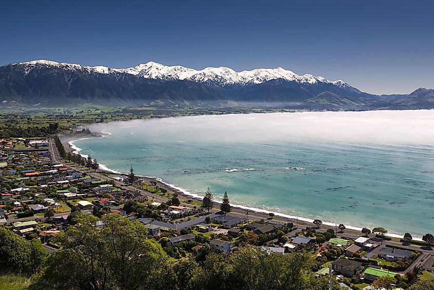 Kaikoura township with clearing morning fog. South Island,New Zealand