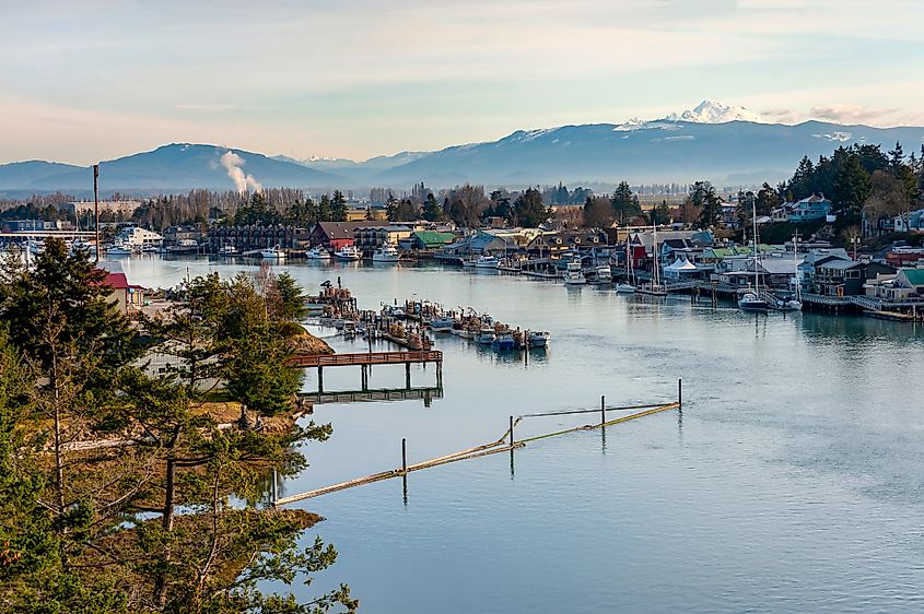 Aerial view of the river town of La Conner, Washington.