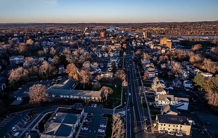 Aerial view of Middletown, Connecticut at sunset.