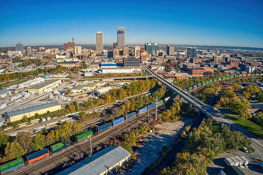 Aerial view of downtown Omaha, Nebraska, in autumn