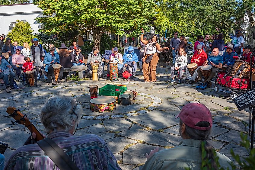 People in a celebratory mood at the Village Green in Woodstock, New York