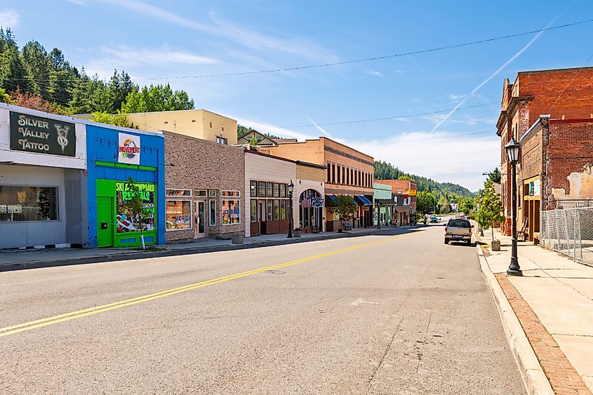 A picturesque street of historic buildings in the Silver Valley mining town of Kellogg, Idaho.