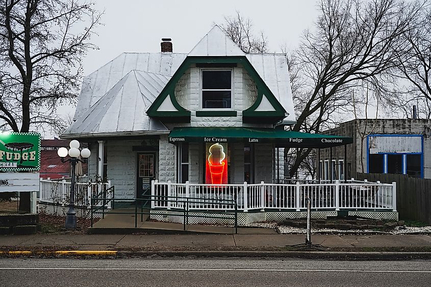 A neon ice cream cone in front of Grafton Fudge and Ice Cream, Grafton, Illinois. 