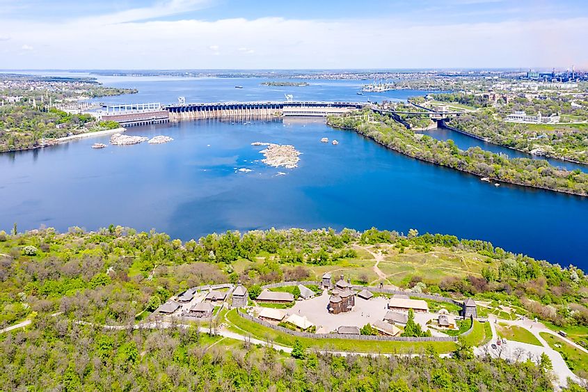 Aerial view of the Dnieper Hydroelectric Power Station in Zaporizhzhya, Ukraine