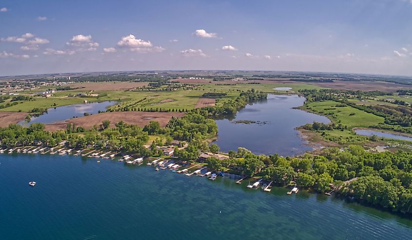 Aerial view of Lake Okoboji, a popular tourist area known as the Great Lakes of Iowa