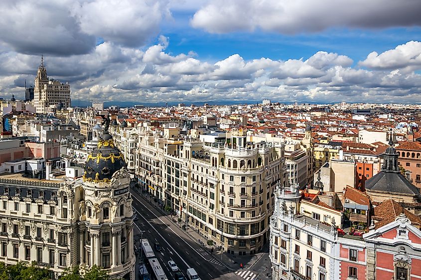 View of Gran Vía, Madrid’s famous central avenue known for its shops, theaters, and historic architecture.